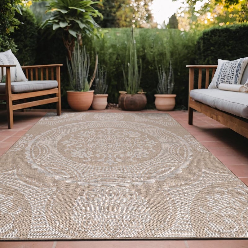 Luul Home Medallion Outdoor Rug 6x9 Washable Outside Carpet for Indoor Patio Porch Waterproof Easy Cleaning Non Shedding Area Rugs Beige 6 x 9 - Image 1
