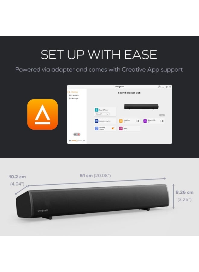 CREATIVE Sound Blaster GS5 RGB Gaming Soundbar with SuperWide Technology, Powered by Adapter, Up to 60W Peak Power, Bluetooth 5.4, Optical-in, Headphone Output, for PC and TV  - Image 2