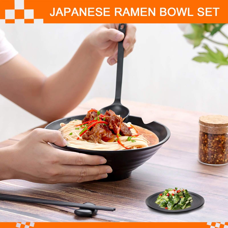 Vivimee Unbreakable Japanese Style Ramen Bowl Set of 2, 37oz Black Large Matte Melamine Bowls and Spoons Set with Chopsticks & Saucers for Pho Thai Miso Udon Soup Noodles or Asian Food - Image 4