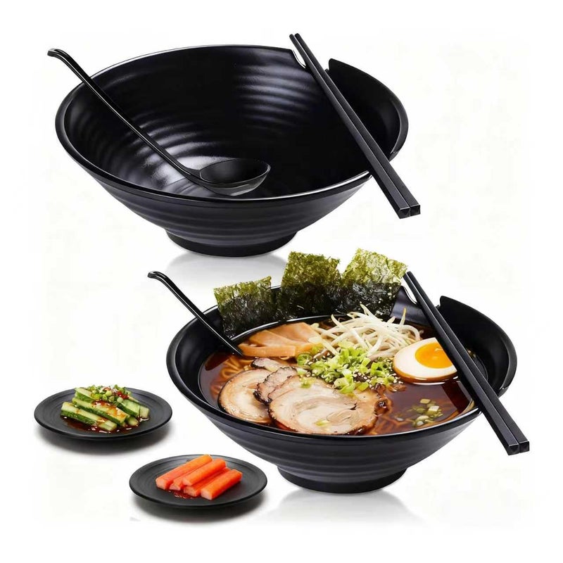 Vivimee Unbreakable Japanese Style Ramen Bowl Set of 2, 37oz Black Large Matte Melamine Bowls and Spoons Set with Chopsticks & Saucers for Pho Thai Miso Udon Soup Noodles or Asian Food - Image 1