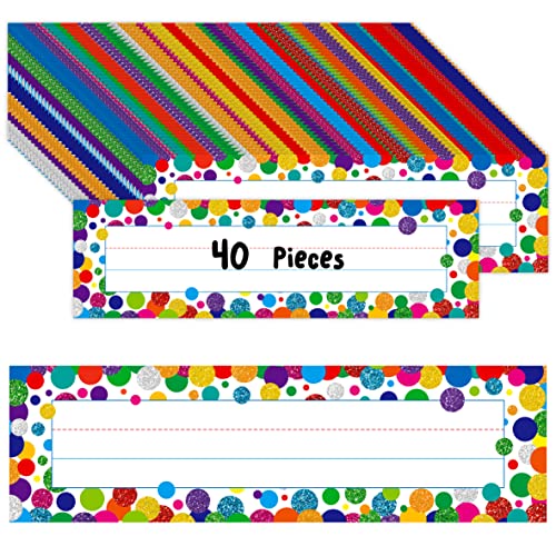 Gethelud 40PCS Desk Nameplates Confetti Desk Name Tags with Double Sided PET Film Student Name Labels Erasable Reusable Traditional Manuscript Name Plates for School Classroom Organization 10 x 28 - Image 1