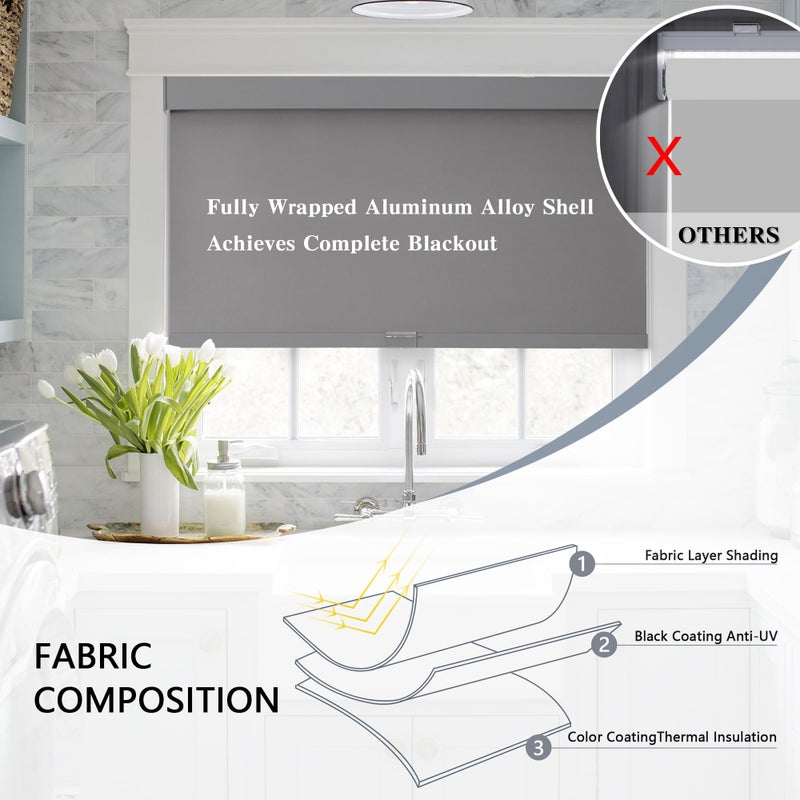 AOSKY Blackout Roller Shades Cordless Blinds for Windows, Free-Stop Shades with Valance, Thermal Insulated Fabric, UV Protection, Natural Woven Blinds for Home and Office (20" W x 72" H, Grey) - Image 4