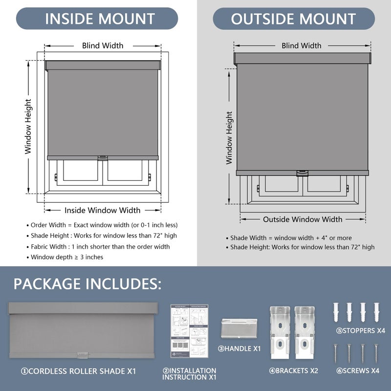 AOSKY Blackout Roller Shades Cordless Blinds for Windows, Free-Stop Shades with Valance, Thermal Insulated Fabric, UV Protection, Natural Woven Blinds for Home and Office (20" W x 72" H, Grey) - Image 5