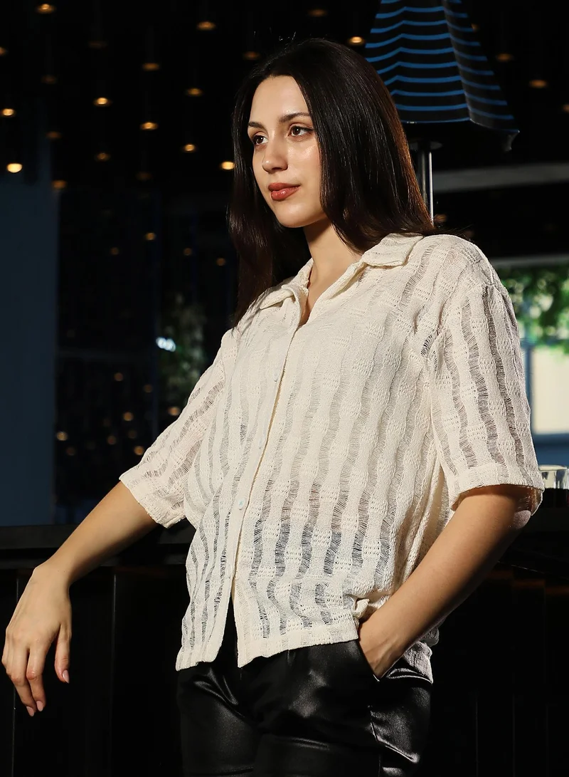 Pinacolada  Women's Cream White Swirl Open-Knit Oversized Shirt for Women | Best Price UAE