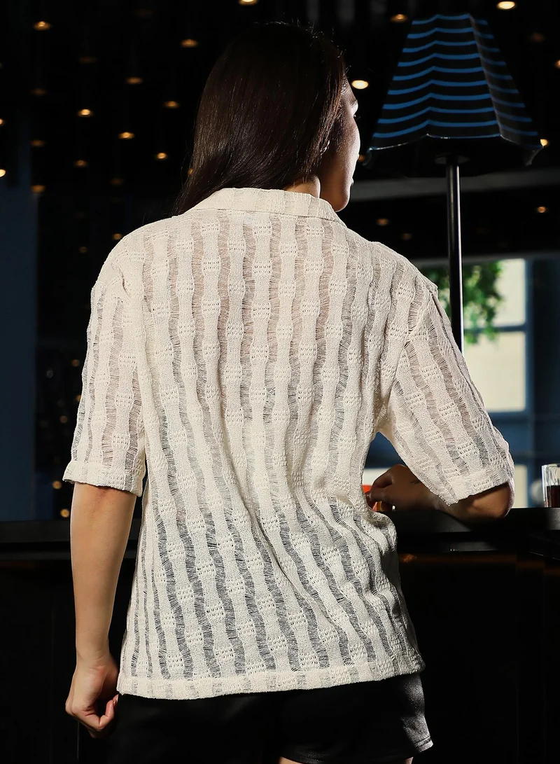 Pinacolada  Women's Cream White Swirl Open-Knit Oversized Shirt for Women | Best Price UAE