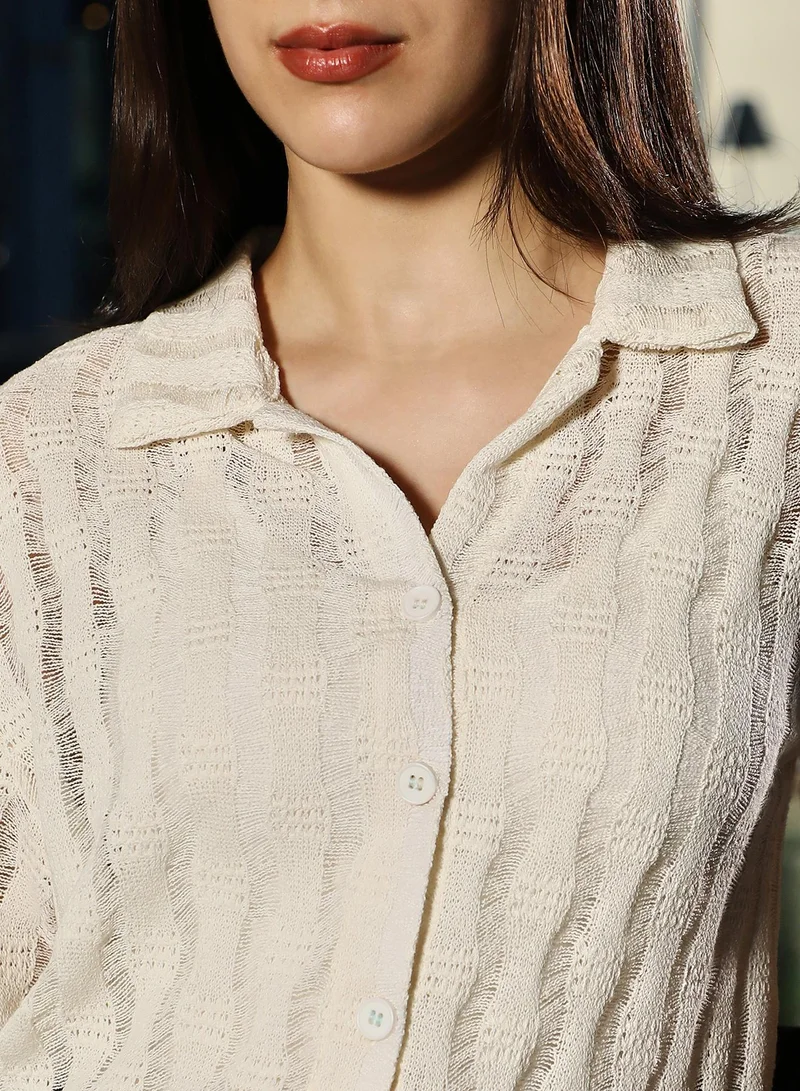 Pinacolada  Women's Cream White Swirl Open-Knit Oversized Shirt for Women | Best Price UAE