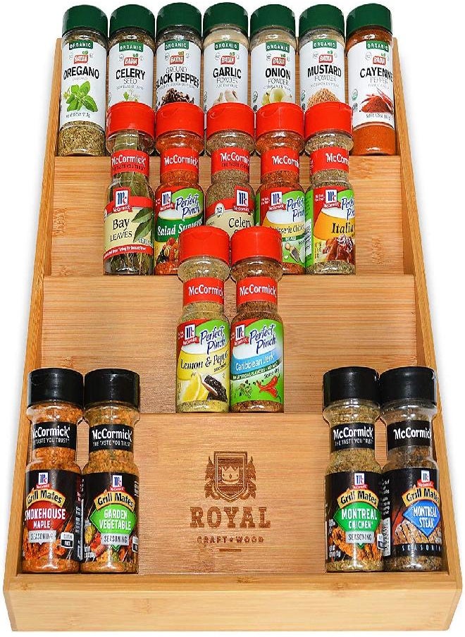 Royal Craft Wood - ROYAL CRAFT WOOD Luxury Spice Drawer Organizer for Kitchen - Bamboo Spice Rack Organizer for Drawer for Deep Drawers (17"x13.5") - Image 1