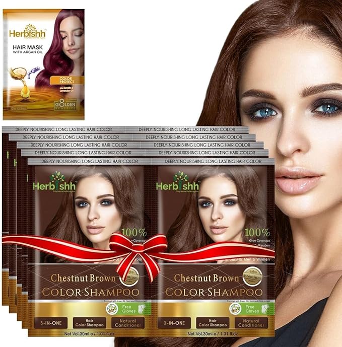Herbishh Hair Color Shampoo for Gray Hair Hair Dye Shampoo with Argan Hair MaskTravel sizeColors Hair in MinutesLong lasting colour10pack1packAmmoniaFree Dark Brown - Image 1