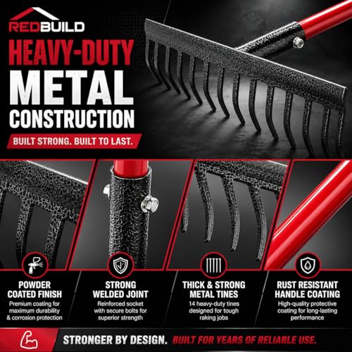 REDBUILD™ Heavy Duty Steel Garden Rake with Long Handle 4 Feet | Rust Proof | Rake for Gardening | Quick Clean Up of Lawn and Yard | Garden Leaf Rake | Fork | Trowel - Image 2