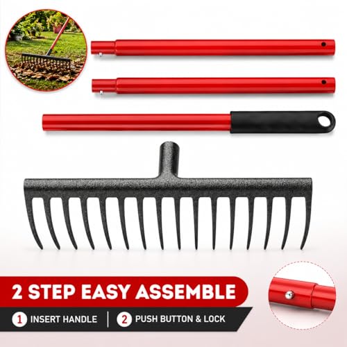 REDBUILD™ Heavy Duty Steel Garden Rake with Long Handle 4 Feet | Rust Proof | Rake for Gardening | Quick Clean Up of Lawn and Yard | Garden Leaf Rake | Fork | Trowel - Image 5