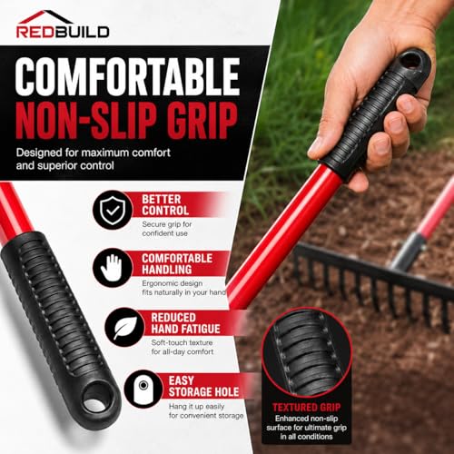 REDBUILD™ Heavy Duty Steel Garden Rake with Long Handle 4 Feet | Rust Proof | Rake for Gardening | Quick Clean Up of Lawn and Yard | Garden Leaf Rake | Fork | Trowel - Image 3