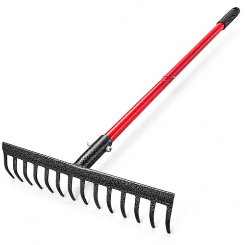 REDBUILD™ Heavy Duty Steel Garden Rake with Long Handle 4 Feet | Rust Proof | Rake for Gardening | Quick Clean Up of Lawn and Yard | Garden Leaf Rake | Fork | Trowel - Image 1