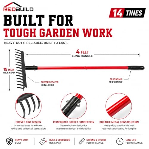 REDBUILD™ Heavy Duty Steel Garden Rake with Long Handle 4 Feet | Rust Proof | Rake for Gardening | Quick Clean Up of Lawn and Yard | Garden Leaf Rake | Fork | Trowel - Image 4