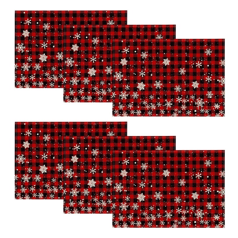 Artoid Mode Red and Black Buffalo Plaid Christmas Placemats for Dining Table 12 x 18 Inch Seasonal Winter Xmas Snowflakes Holiday Rustic Vintage Thanksgiving Washable Table Mats Set of 6
