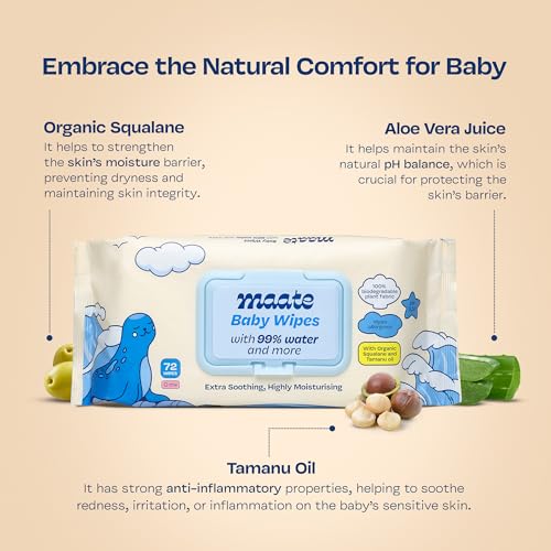 Maate Baby Wipes (Pack of 1, 72 Wipes) | Soothing & Hypoallergenic | Infused With Plant Squalane, Tamanu Oil & Aloe Vera | Moisturizing & Hydrating | Wipe for Baby's | Paraben & Sulphate Free - Image 4