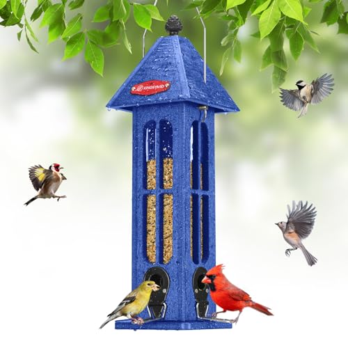 Kingsyard Rainproof Bird Feeder for Outdoor Hanging Recycled Plastic Wild Bird Feeder with 4 Metal Ports 3 lbs Large Capacity Garden Yard Decorations for Bluebird Finches Blue - Image 1