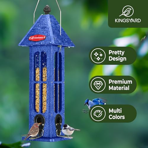 Kingsyard Rainproof Bird Feeder for Outdoor Hanging Recycled Plastic Wild Bird Feeder with 4 Metal Ports 3 lbs Large Capacity Garden Yard Decorations for Bluebird Finches Blue - Image 3