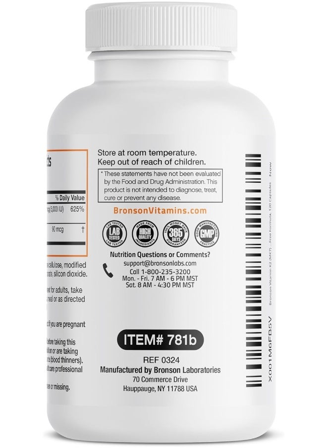 Bronson - Bronson Vitamin K2 (MK7) with D3 Supplement Non-GMO Formula 5000 IU Vitamin D3 & 90 mcg Vitamin K2 MK-7 Easy to Swallow Vitamin D & K Complex, 120 Capsules - Image 1