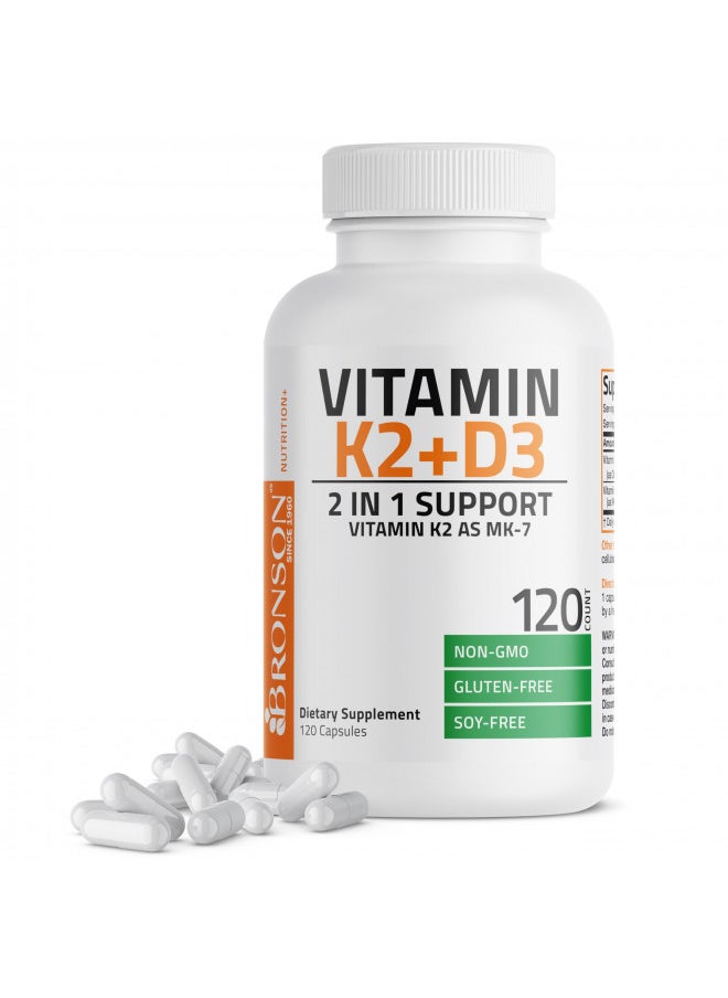 Bronson - Bronson Vitamin K2 (MK7) with D3 Supplement Non-GMO Formula 5000 IU Vitamin D3 & 90 mcg Vitamin K2 MK-7 Easy to Swallow Vitamin D & K Complex, 120 Capsules - Image 1