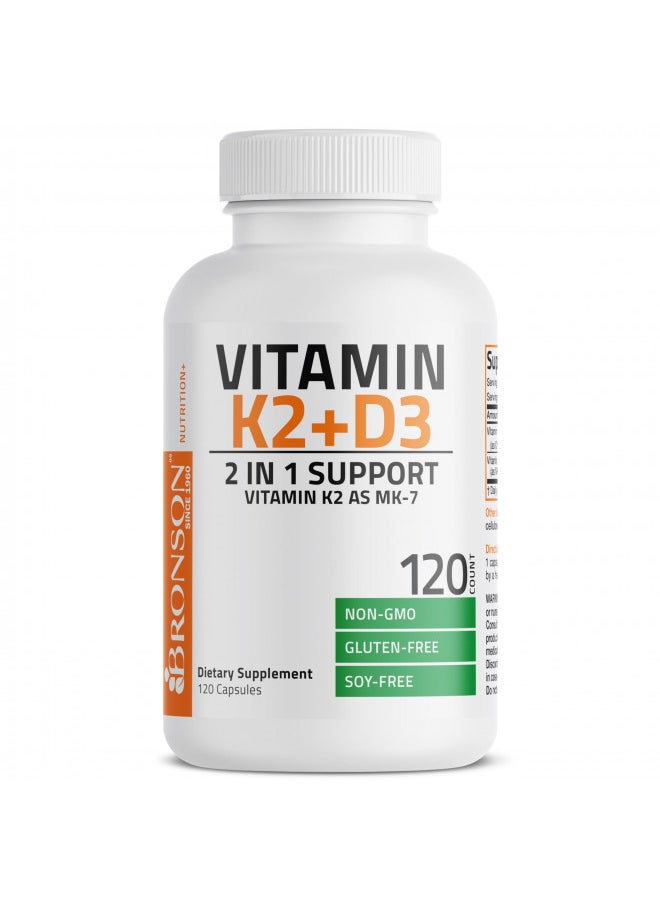 Bronson - Bronson Vitamin K2 (MK7) with D3 Supplement Non-GMO Formula 5000 IU Vitamin D3 & 90 mcg Vitamin K2 MK-7 Easy to Swallow Vitamin D & K Complex, 120 Capsules - Image 1