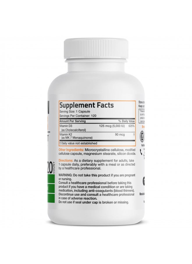 Bronson - Bronson Vitamin K2 (MK7) with D3 Supplement Non-GMO Formula 5000 IU Vitamin D3 & 90 mcg Vitamin K2 MK-7 Easy to Swallow Vitamin D & K Complex, 120 Capsules - Image 1