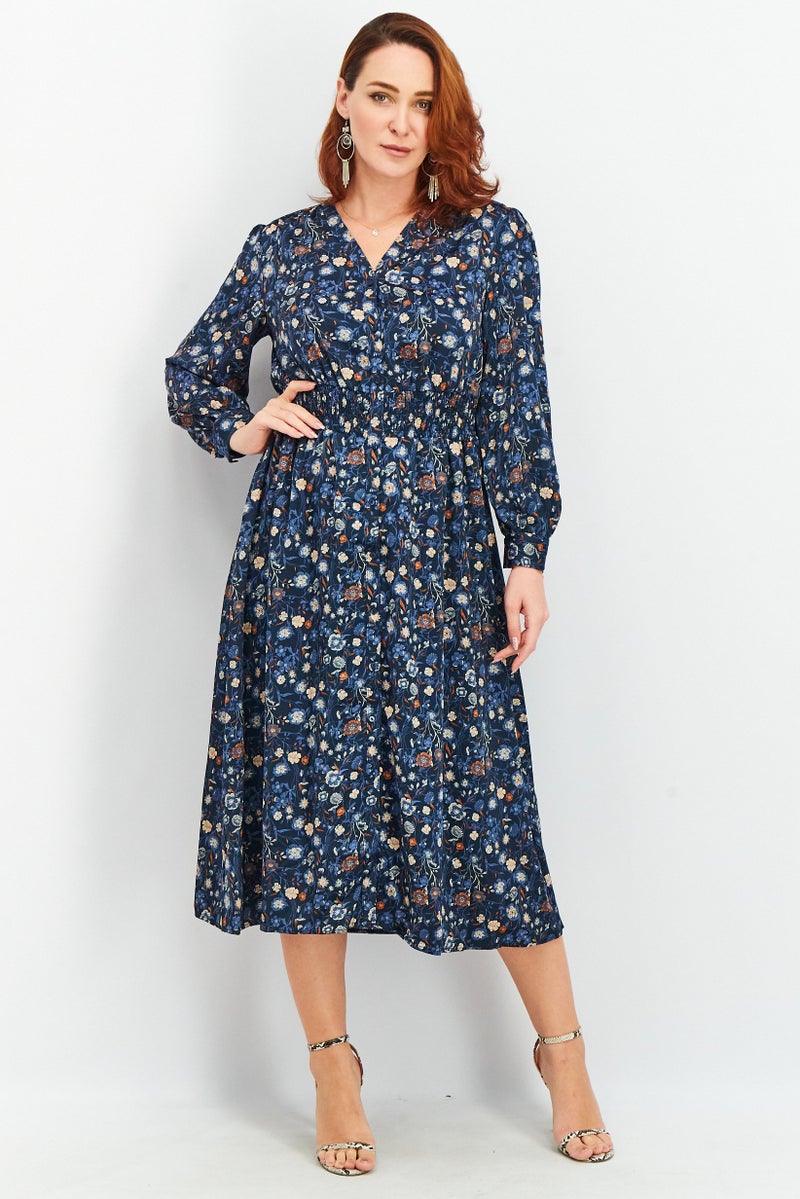 Tchibo Women Allover Print Midi Dress, Navy Combo - Image 1