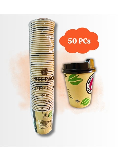 50 pcs Eco-Friendly Disposable Black and Yellow Paper Cups - 8 oz with Lid Printed