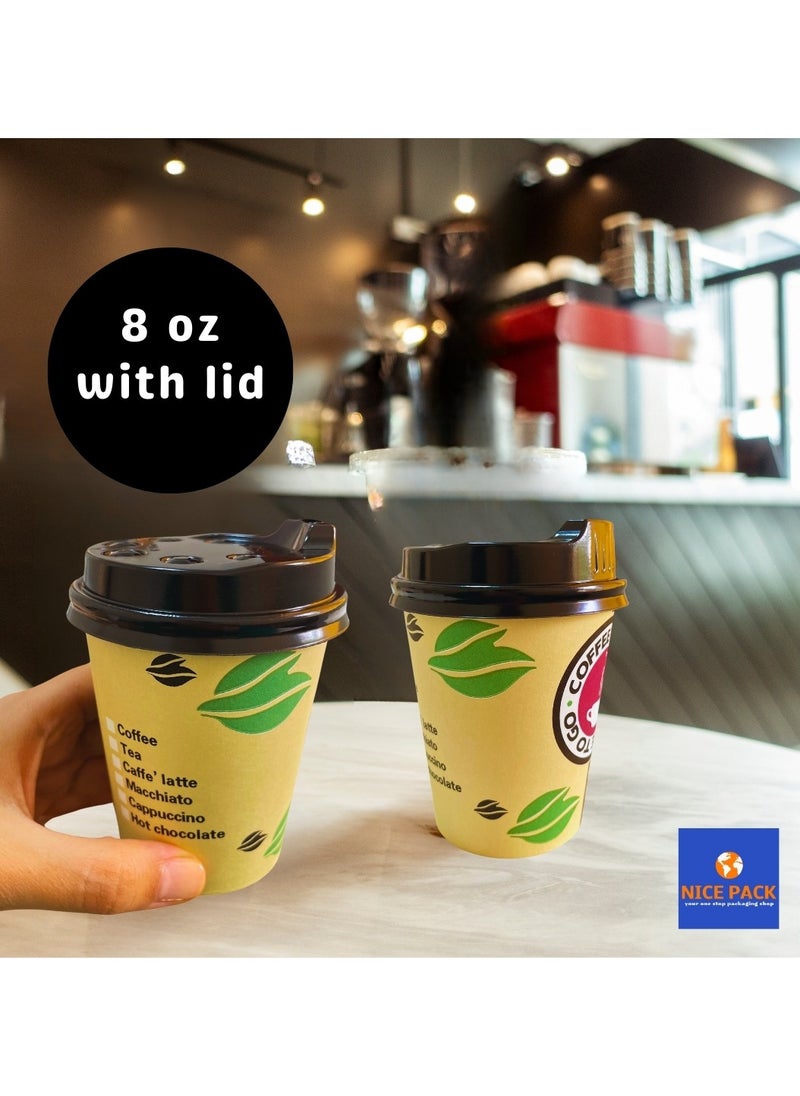 50 pcs Eco-Friendly Disposable Black and Yellow Paper Cups - 8 oz with Lid Printed