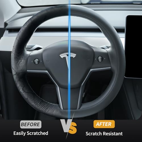 Uxcer Nappa Leather Steering Wheel Cover for Tesla Model 3/Y 2016-2025 2026 Juniper/Highland, Non-Slip Breathable Tesla Model 3/Y Steering Wheel Protector, Black - Image 4