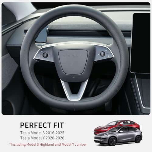 Uxcer Nappa Leather Steering Wheel Cover for Tesla Model 3/Y 2016-2025 2026 Juniper/Highland, Non-Slip Breathable Tesla Model 3/Y Steering Wheel Protector, Black - Image 2