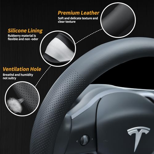 Uxcer Nappa Leather Steering Wheel Cover for Tesla Model 3/Y 2016-2025 2026 Juniper/Highland, Non-Slip Breathable Tesla Model 3/Y Steering Wheel Protector, Black - Image 5