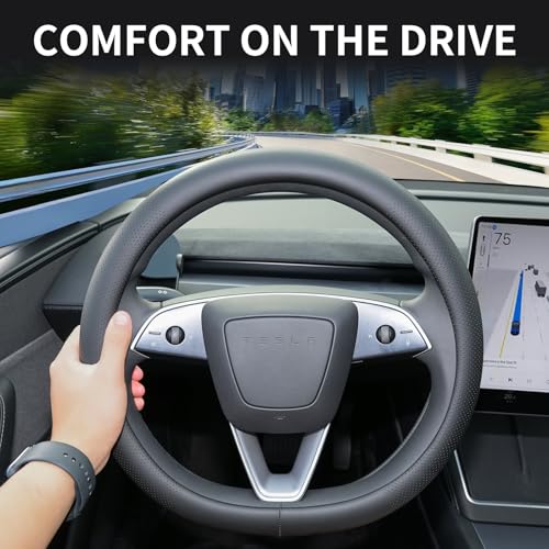 Uxcer Nappa Leather Steering Wheel Cover for Tesla Model 3/Y 2016-2025 2026 Juniper/Highland, Non-Slip Breathable Tesla Model 3/Y Steering Wheel Protector, Black - Image 3