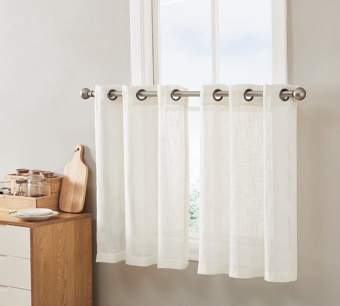 HLCME ABBEY FAUX LINEN TEXTURED SEMI SHEER PRIVACY LIGHT FILTERING TRANSPARENT GROMMET SHORT THICK CAFE CURTAIN TIERS FOR SMALL WINDOWS KITCHEN BASEMENT SET OF 2 35 W X 24 L CREAM