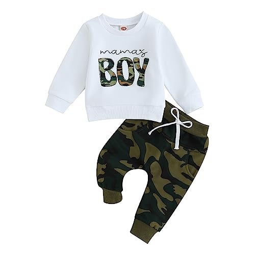 allshope Baby Boy Fall Clothes Set Long Sleeve Crewneck Sweatshirts Pants Cute Infant Newborn Outfits 6 12 18 24 Months 2T (Mama's Boy Army Green, 18-24 Months) - Image 1
