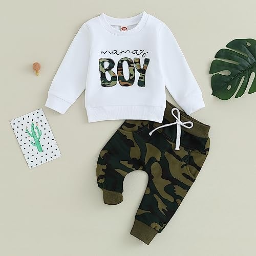 allshope Baby Boy Fall Clothes Set Long Sleeve Crewneck Sweatshirts Pants Cute Infant Newborn Outfits 6 12 18 24 Months 2T (Mama's Boy Army Green, 18-24 Months) - Image 2