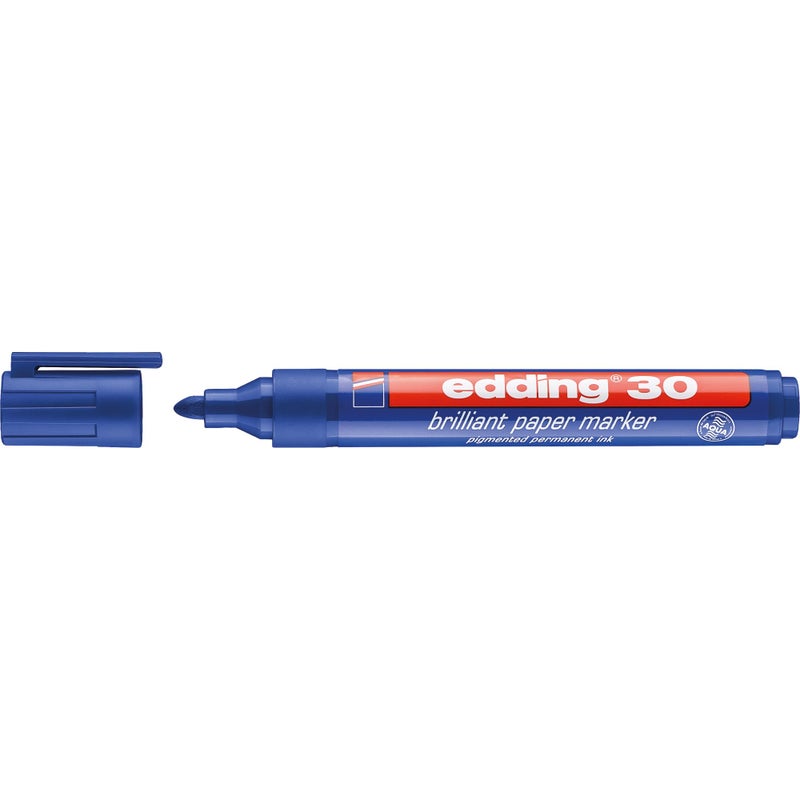 edding 30 brilliant paper marker  blue  1 waterproof permanent marker  round nib 153 mm  vibrant colours  lightfast marking on paper card cardboard plastic metal and glass