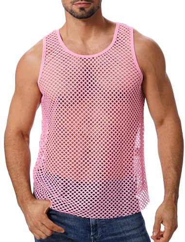 ABAFIP Mens Sheer Mesh Sleeveless Tank TopFishnet See Through Muscle ShirtGym Workout Fitted Undershirt Pink Large - Image 1