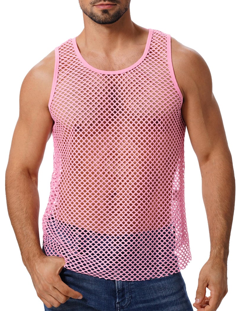 ABAFIP Mens Sheer Mesh Sleeveless Tank TopFishnet See Through Muscle ShirtGym Workout Fitted Undershirt Pink Large - Image 2