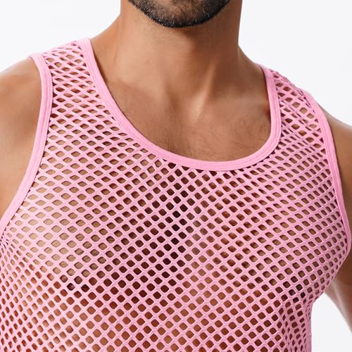 ABAFIP Mens Sheer Mesh Sleeveless Tank TopFishnet See Through Muscle ShirtGym Workout Fitted Undershirt Pink Large - Image 3