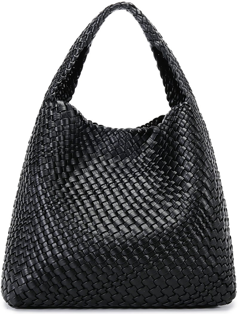 Queenoris Fashion Woven Purse for Women Top-handle Shoulder Bag Soft Summer Hobo Tote Bag (Black, Medium) - Image 1