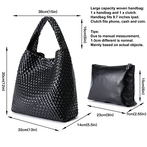 Queenoris Fashion Woven Purse for Women Top-handle Shoulder Bag Soft Summer Hobo Tote Bag (Black, Medium) - Image 3