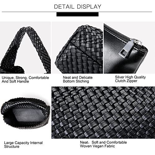 Queenoris Fashion Woven Purse for Women Top-handle Shoulder Bag Soft Summer Hobo Tote Bag (Black, Medium) - Image 5