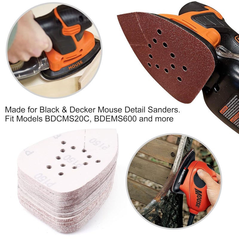 LotFancy Sanding Pads for Black and Decker Mouse Sanders, 50PCS 60 80 120 150 220 Grit Sandpaper Assortment - 12 Hole Hook and Loop Palm Detail Sander Sanding Sheets Sand Paper - Image 4