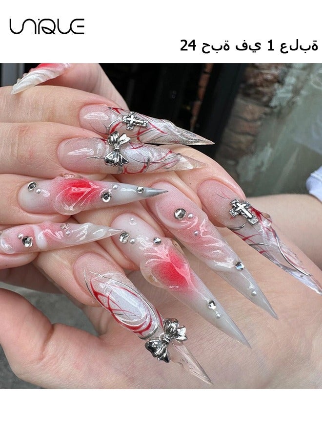 يونيك 24 قطعة أظافر مزيفة - أظافر الصحافة - مانيكير مدبب طويل جدا - مانيكير أحمر متدرج على شكل قلب - مانيكير عقدة فراشة ثلاثي الأبعاد - رقعة مسمار وهمية - Image 1
