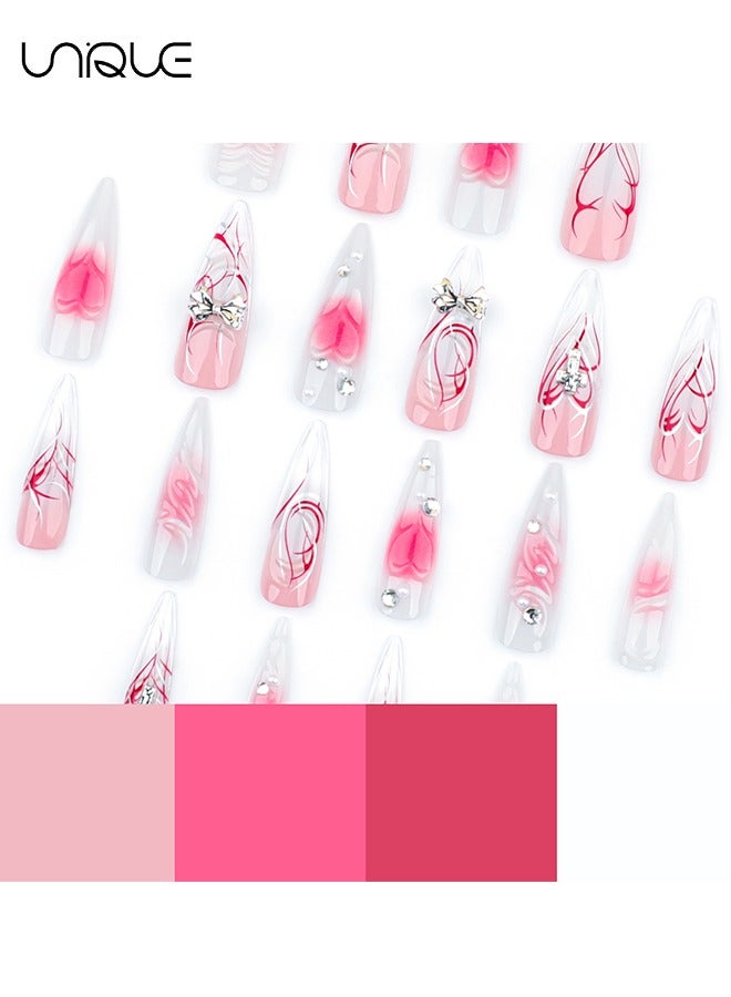 يونيك 24 قطعة أظافر مزيفة - أظافر الصحافة - مانيكير مدبب طويل جدا - مانيكير أحمر متدرج على شكل قلب - مانيكير عقدة فراشة ثلاثي الأبعاد - رقعة مسمار وهمية - Image 3