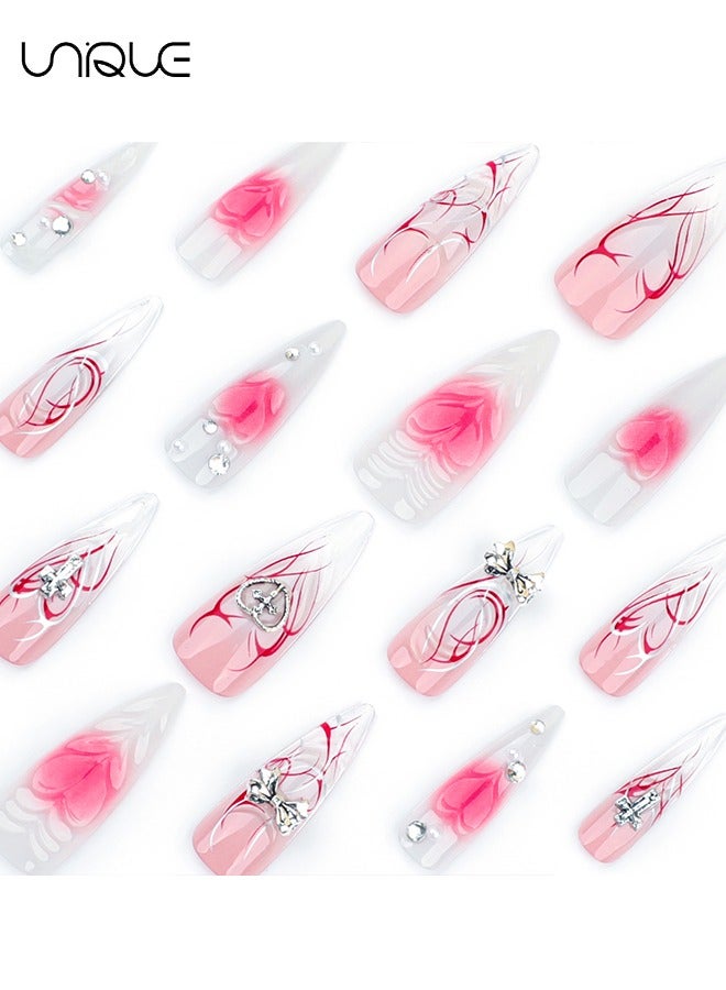 يونيك 24 قطعة أظافر مزيفة - أظافر الصحافة - مانيكير مدبب طويل جدا - مانيكير أحمر متدرج على شكل قلب - مانيكير عقدة فراشة ثلاثي الأبعاد - رقعة مسمار وهمية - Image 4
