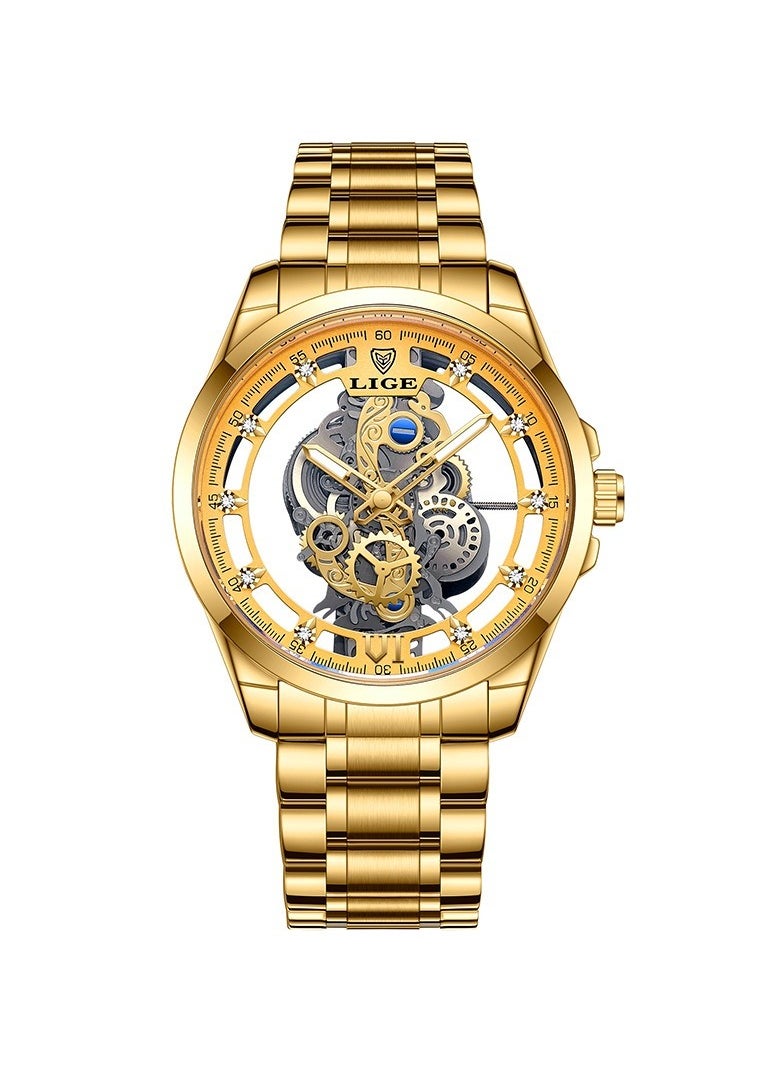 LIGE - Men's Skeleton Quartz Watch, Stainless Steel Waterproof Watch, Durable And Long Lasting Quartz Movement Wrist Watch, Stylish And Comfortable Watch For Men, (All Yellow) - Image 1