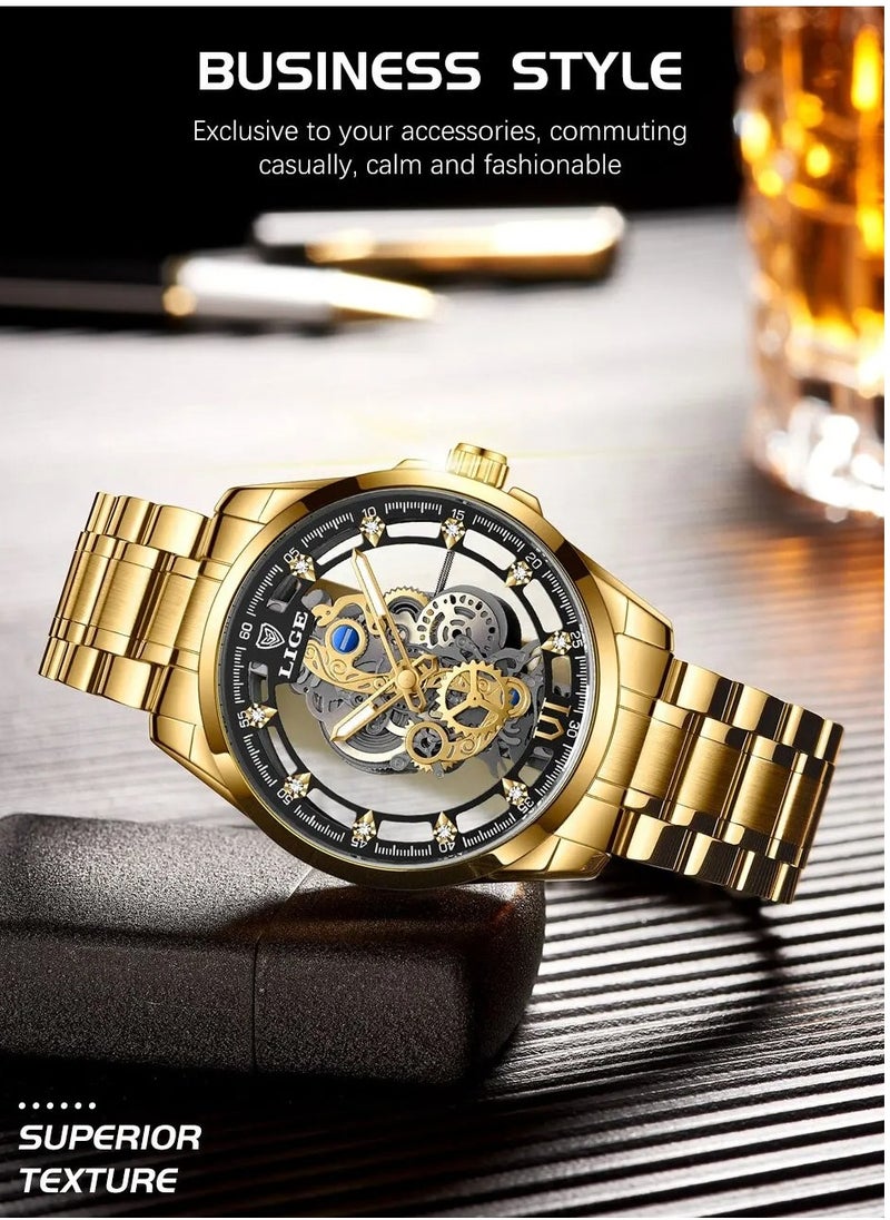 LIGE - Men's Skeleton Quartz Watch, Stainless Steel Waterproof Watch, Durable And Long Lasting Quartz Movement Wrist Watch, Stylish And Comfortable Watch For Men, (All Yellow) - Image 1