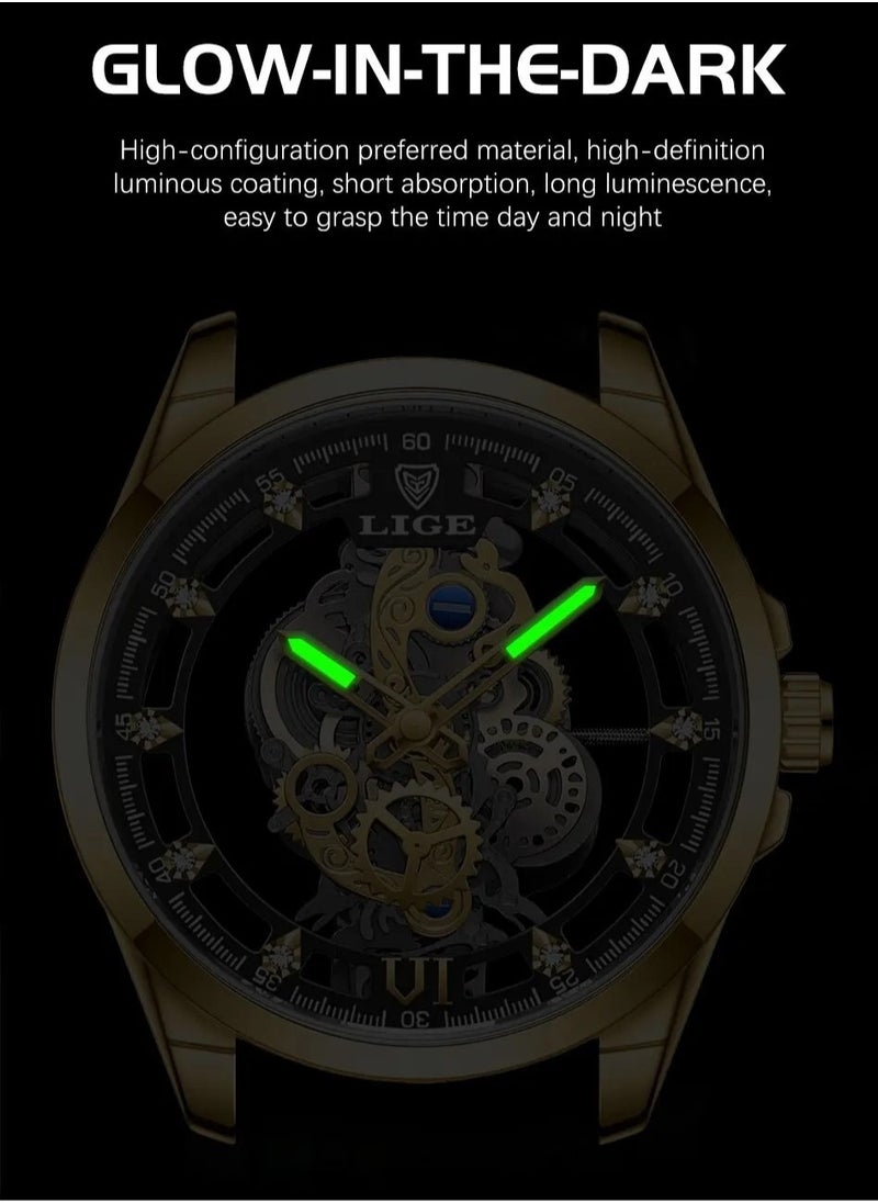 LIGE - Men's Skeleton Quartz Watch, Stainless Steel Waterproof Watch, Durable And Long Lasting Quartz Movement Wrist Watch, Stylish And Comfortable Watch For Men, (All Yellow) - Image 1