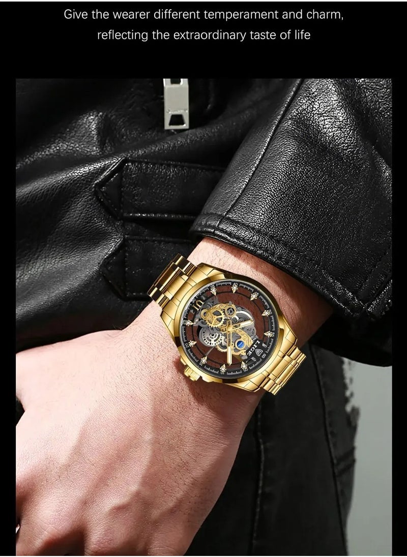 LIGE - Men's Skeleton Quartz Watch, Stainless Steel Waterproof Watch, Durable And Long Lasting Quartz Movement Wrist Watch, Stylish And Comfortable Watch For Men, (All Yellow) - Image 1